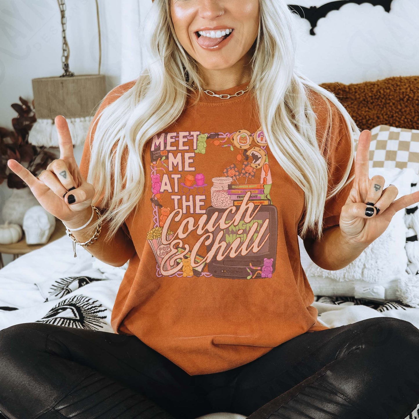 Meet Me at the Couch and Chill Sublimation Design PNG Digital Download Halloween Treats TV Fright Night
