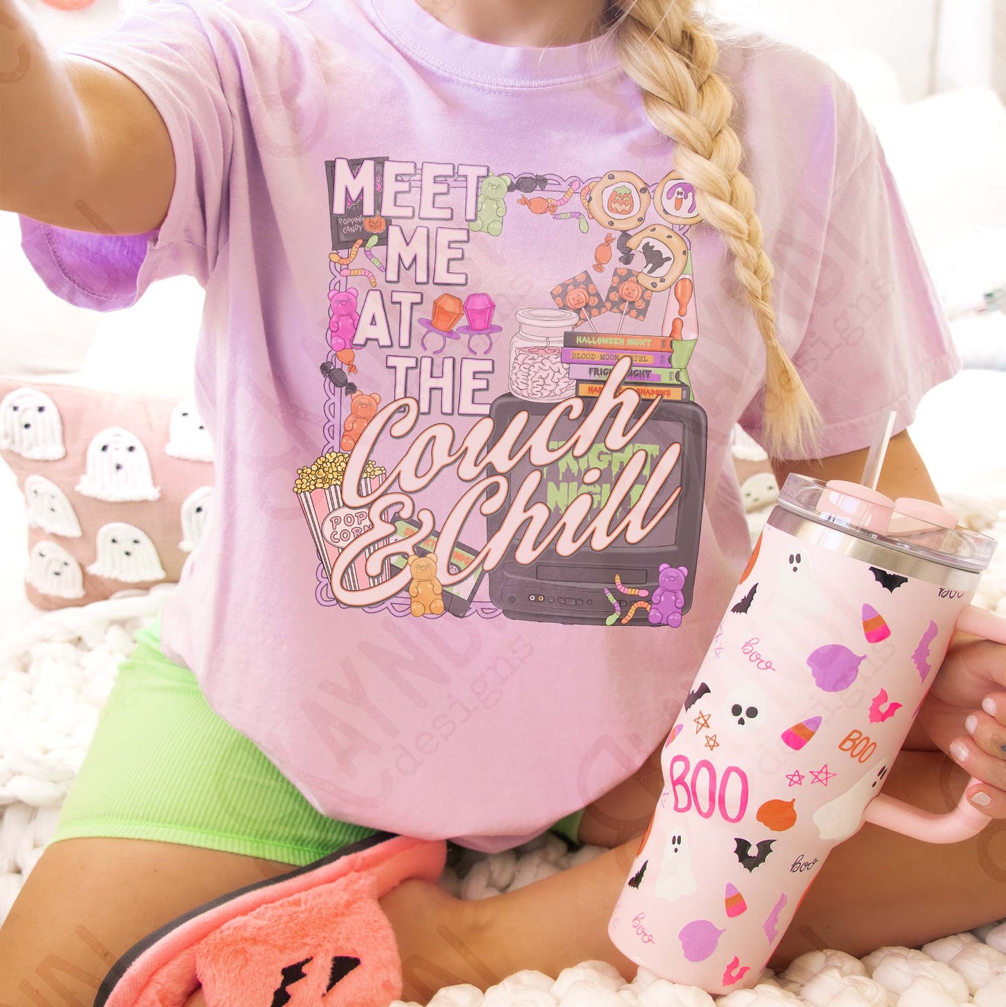 Meet Me at the Couch and Chill Sublimation Design PNG Digital Download Halloween Treats TV Fright Night
