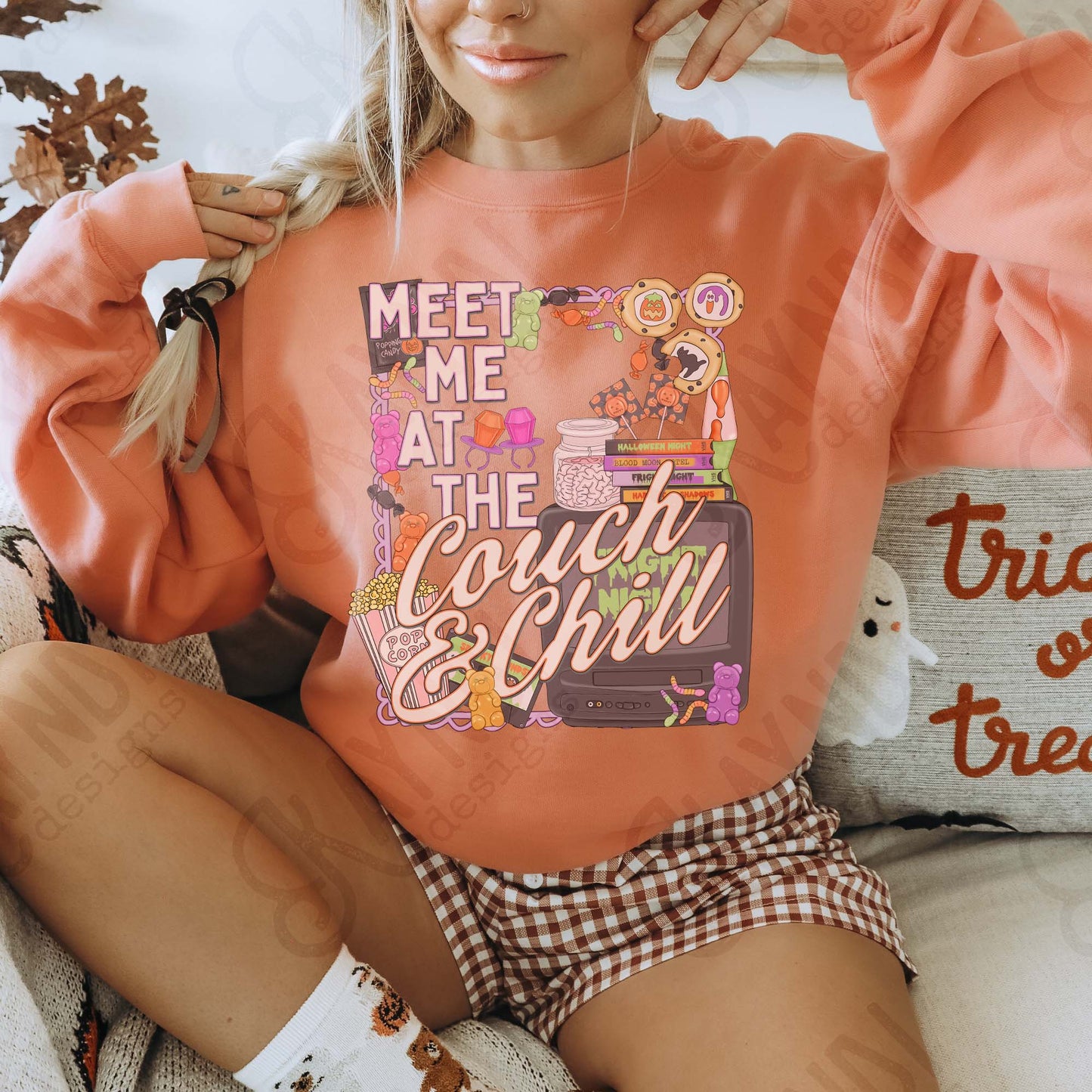 Meet Me at the Couch and Chill Sublimation Design PNG Digital Download Halloween Treats TV Fright Night