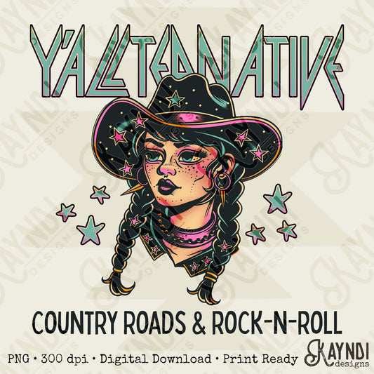 Yallternative Sublimation Design PNG Digital Download Western Cowgirl Black