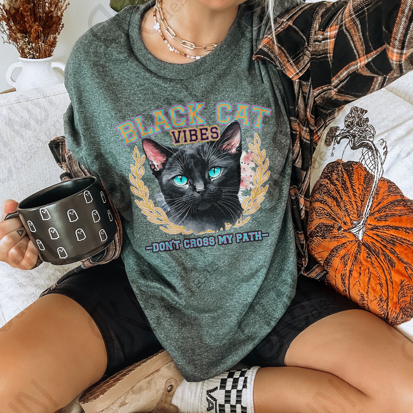 Black Cat Vibes Sublimation Design PNG Digital Download Printable Black Cat Halloween