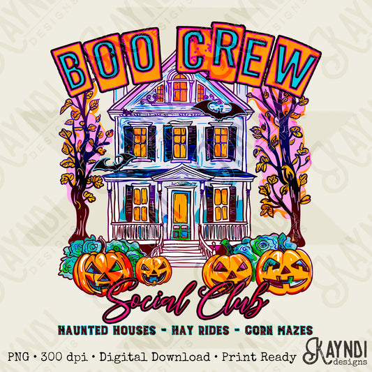 Boo Crew Colorful Sublimation Design PNG Digital Download Printable Halloween Haunted House Bat Pumpkins