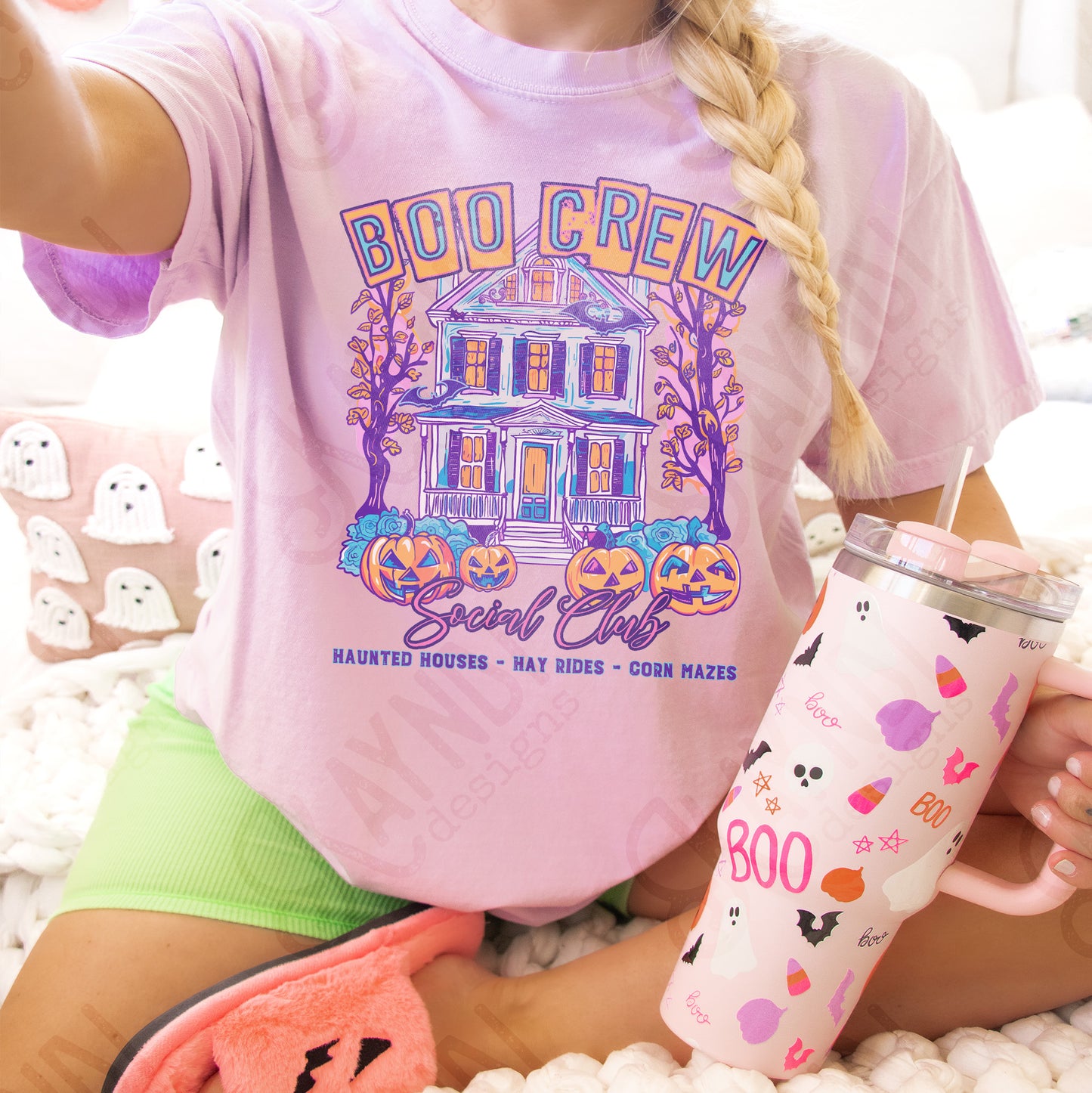 Boo Crew Lavender Sublimation Design PNG Digital Download Printable Halloween Haunted House Bat Pumpkins