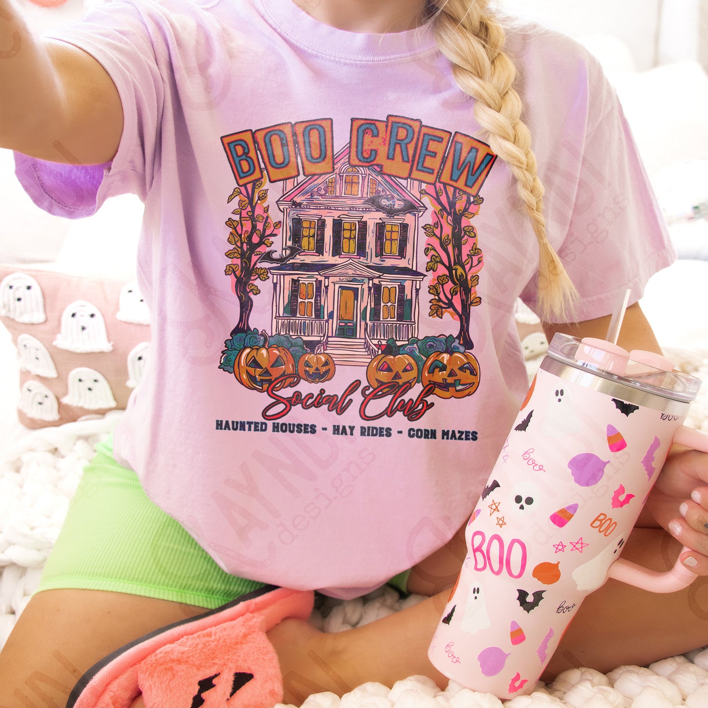Boo Crew Pink Sublimation Design PNG Digital Download Printable Halloween Haunted House Bat Pumpkins