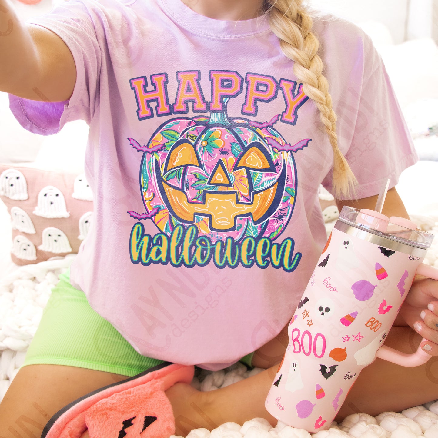 Happy Halloween Pumpkin Pink Sublimation Design PNG Digital Download Printable Halloween Pumpkin Bats