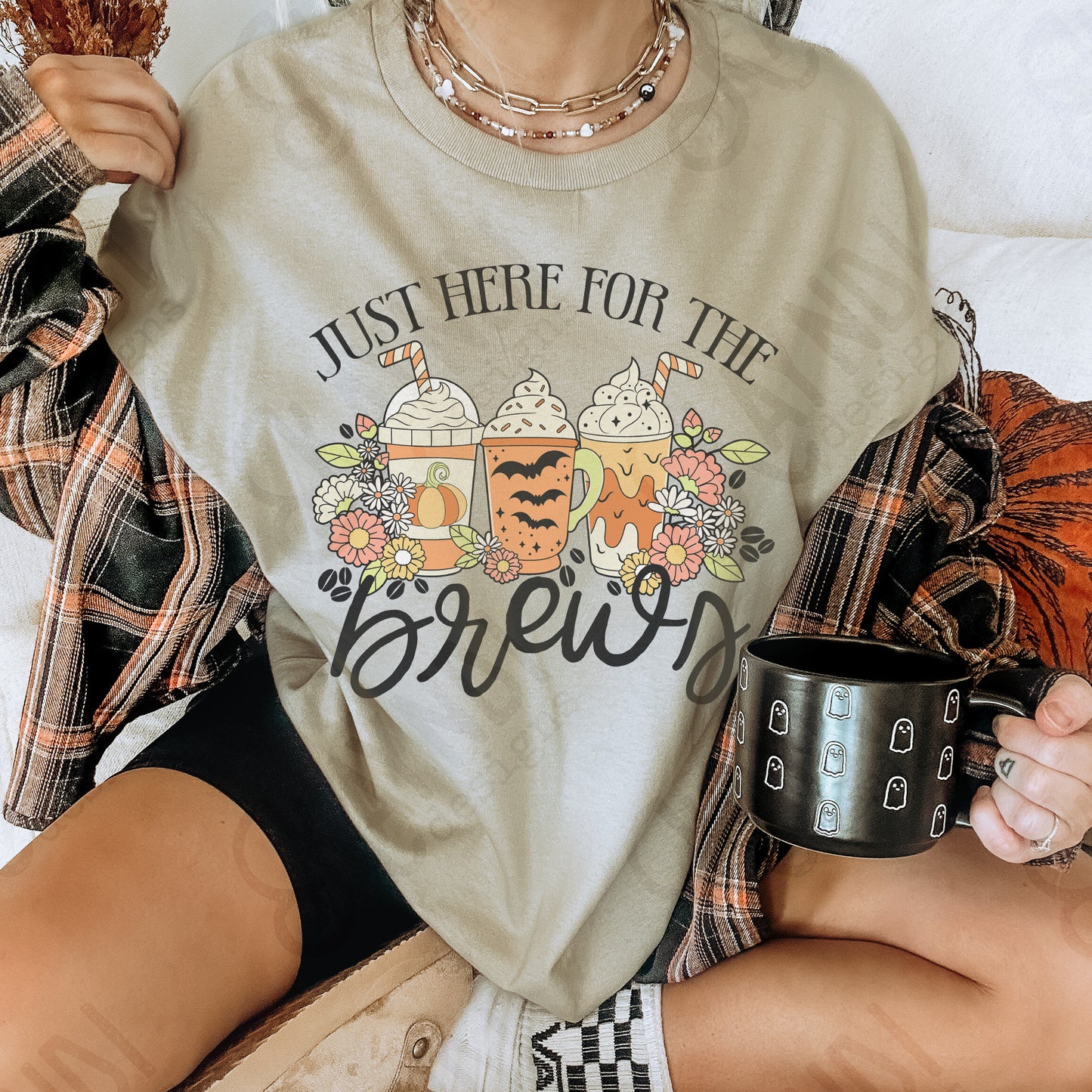 Just Here for the Brews Sublimation Design PNG Digital Download Printable Halloween Coffee Frappe Flowers Bats