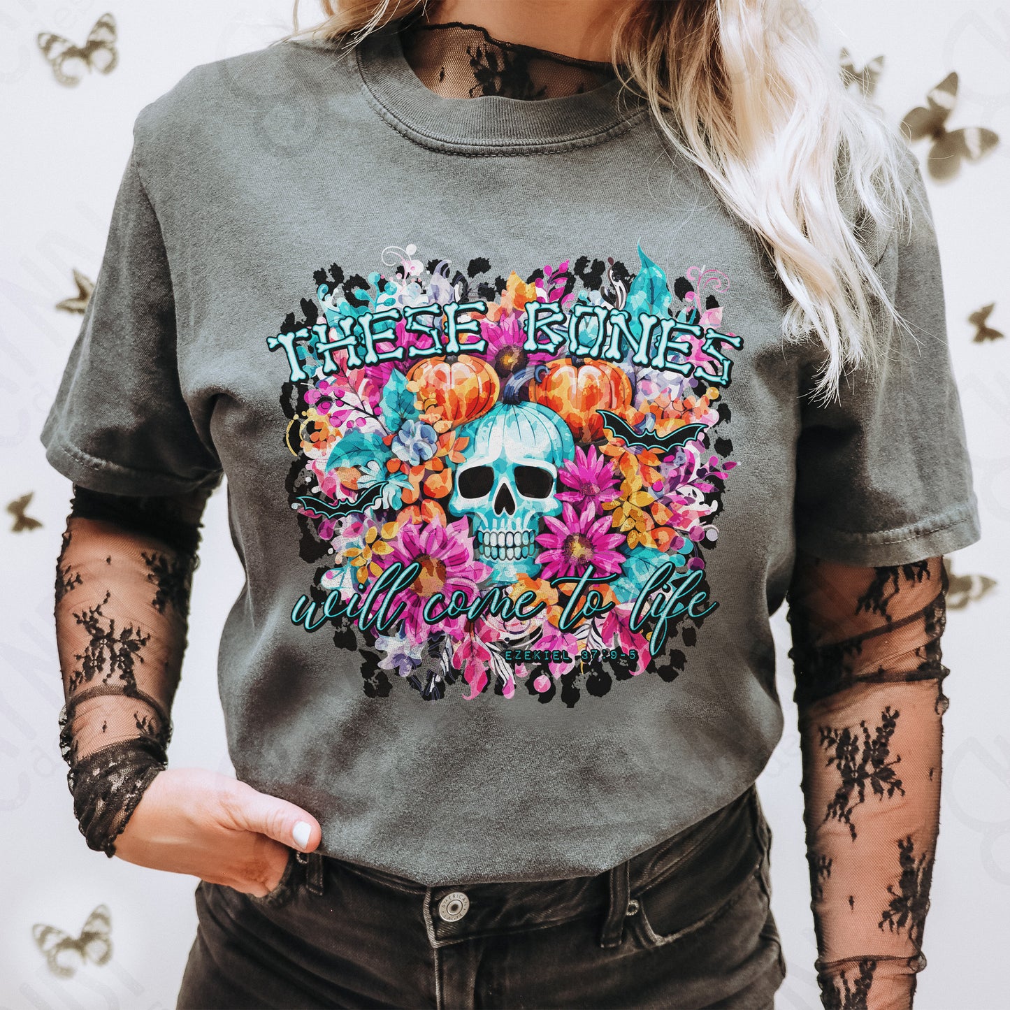 These Bones Sublimation Design PNG Digital Download Printable Skull Vintage Flowers Halloween Floral