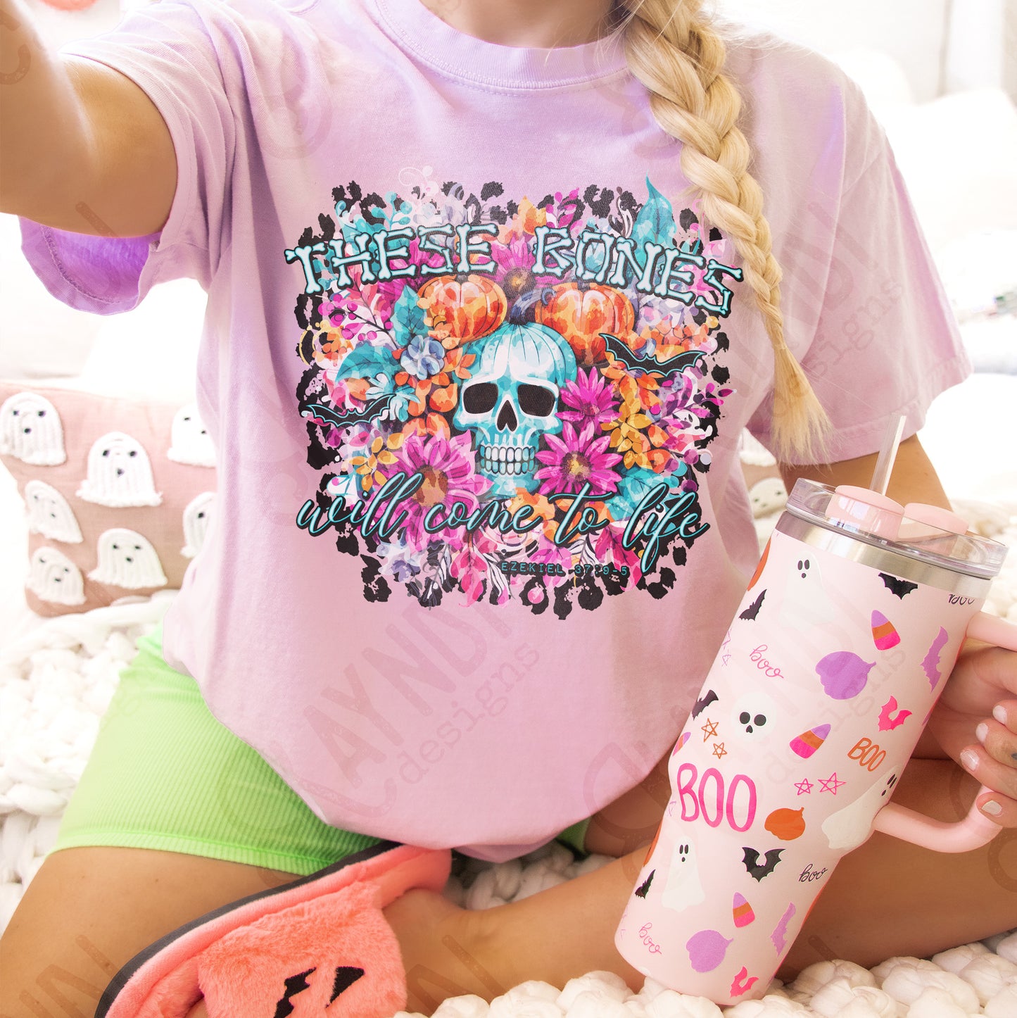 These Bones Sublimation Design PNG Digital Download Printable Skull Vintage Flowers Halloween Floral