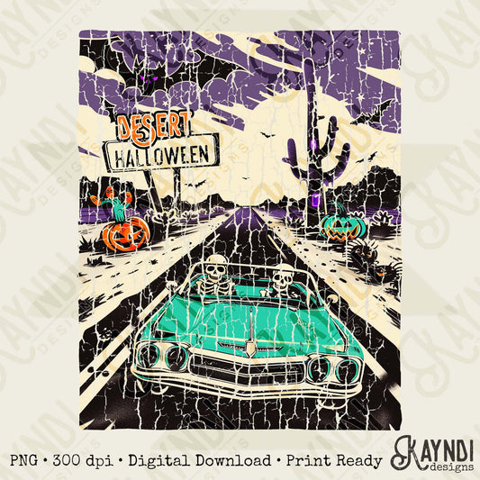 Desert Halloween Sublimation Design PNG Digital Download Vintage Convertable Skeletons Pumpkins