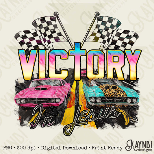 Victory in Jesus Sublimation Design PNG Digital Download Cheetah Sport Car Racing