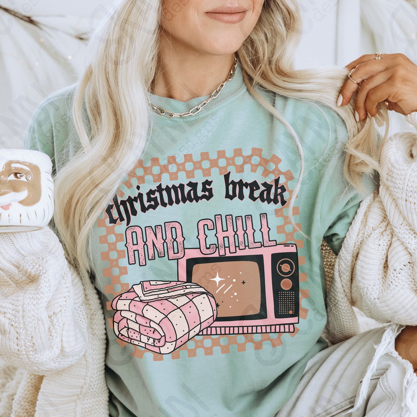 Christmas Break and Chill Pink Sublimation Design PNG Digital Download Printable Christmas Fun Blanket TV