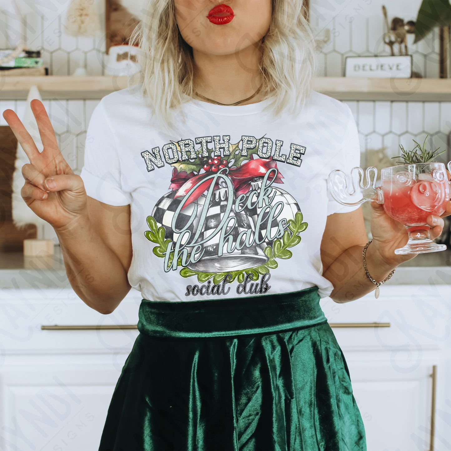 North Pole Deck the Halls Sublimation Design PNG Digital Download Printable Checkered Bells Social Club