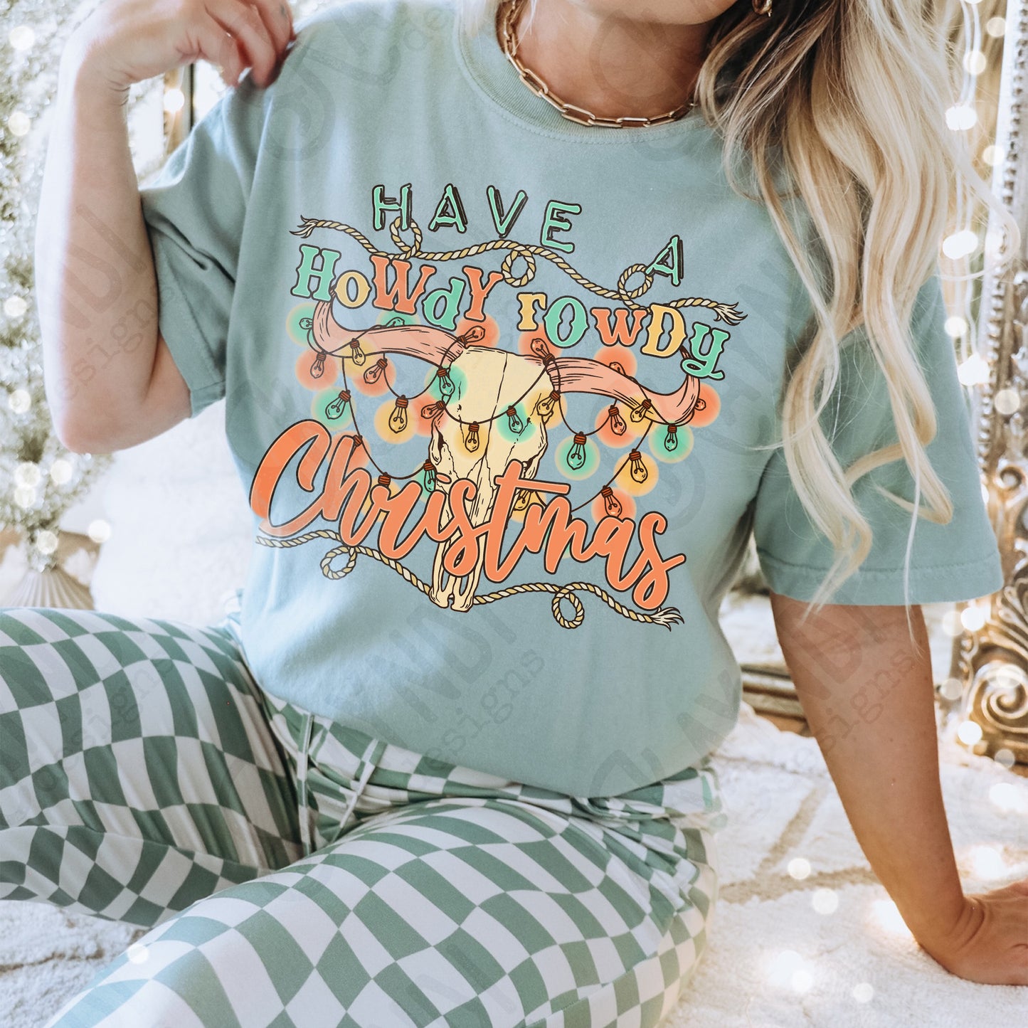 Howdy Rowdy Christmas Sublimation Design PNG Digital Download Printable Western Christmas Lights
