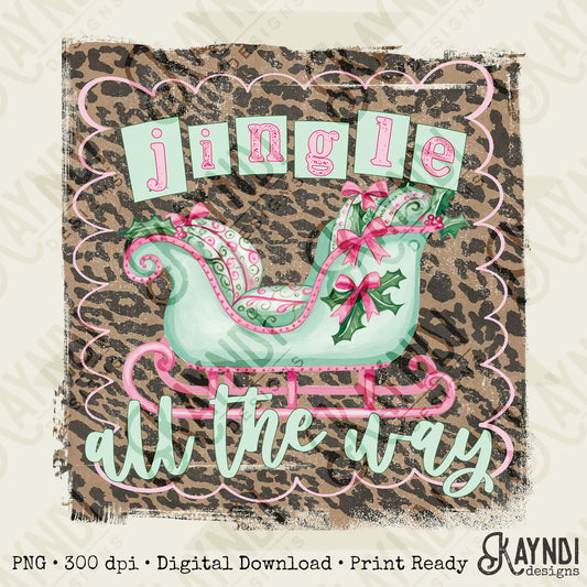 Jingle all the Way Sleigh Sublimation Design PNG Digital Download Printable Pink Retro Christmas