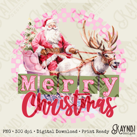 Merry Christmas Santa Pink Sublimation Design PNG Digital Download Printable Retro Vintage Christmas Sleigh