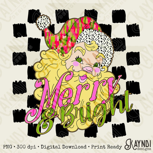 Merry & Bright Sublimation Design PNG Digital Download Printable Retro Christmas Checkered Colorful