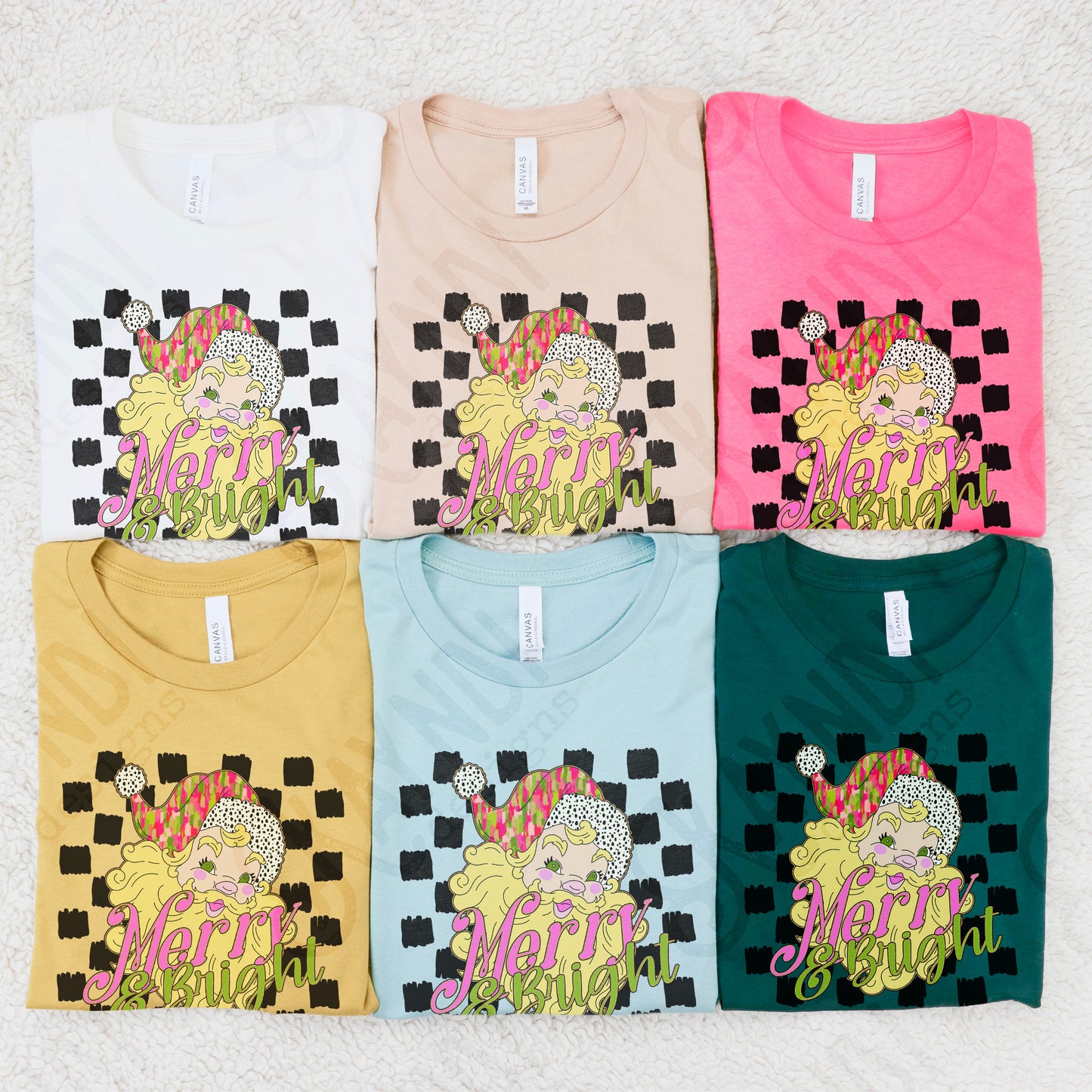 Merry & Bright Sublimation Design PNG Digital Download Printable Retro Christmas Checkered Colorful