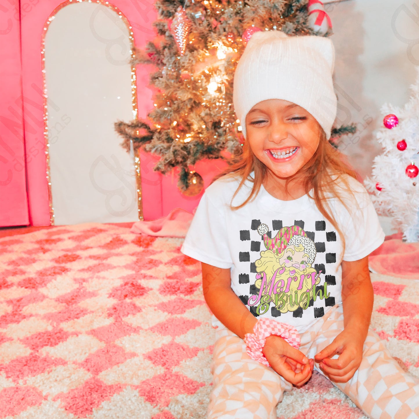 Merry & Bright Sublimation Design PNG Digital Download Printable Retro Christmas Checkered Colorful