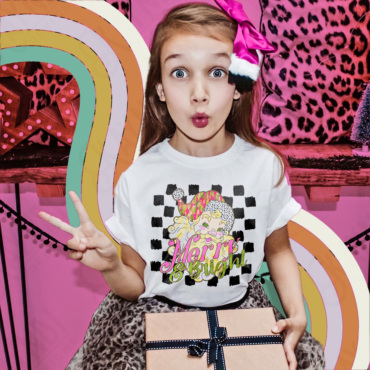 Merry & Bright Sublimation Design PNG Digital Download Printable Retro Christmas Checkered Colorful