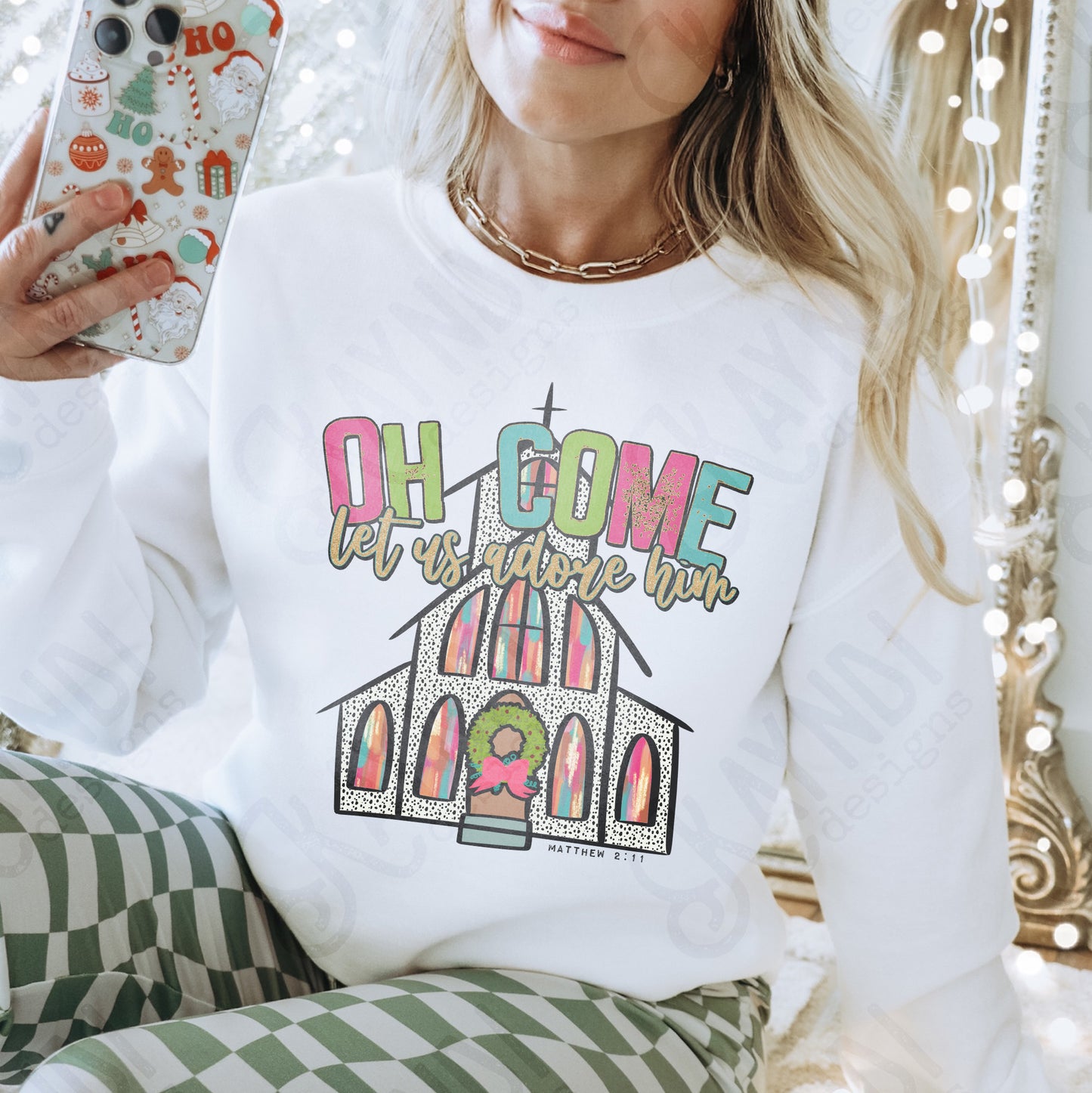 Oh Come Let Us Adore Him Sublimation Design PNG Digital Download Printable Colorful Christmas Church