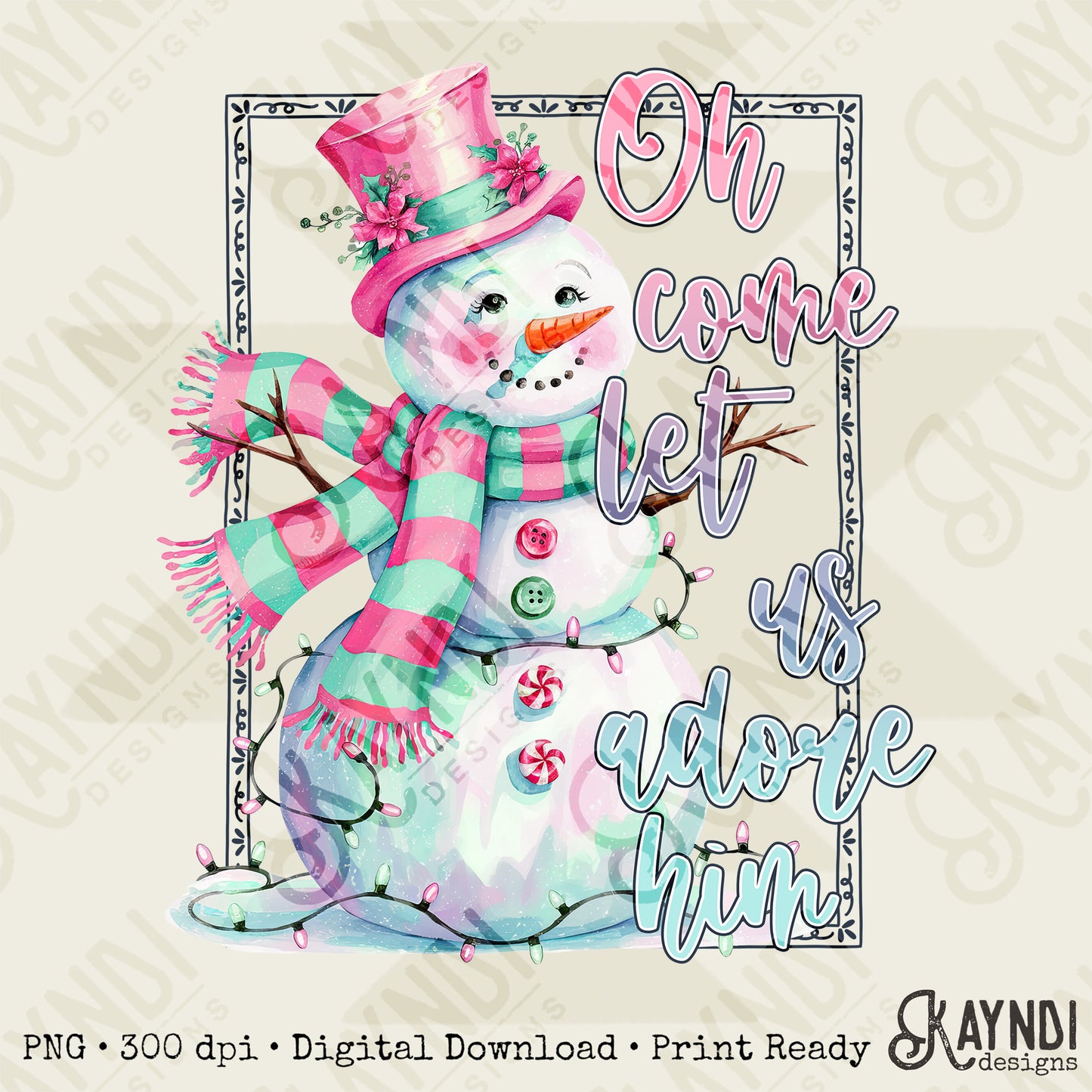 Oh Come Let Us Adore Him Snowman Sublimation Design PNG Digital Download Printable Colorful Christmas Lights