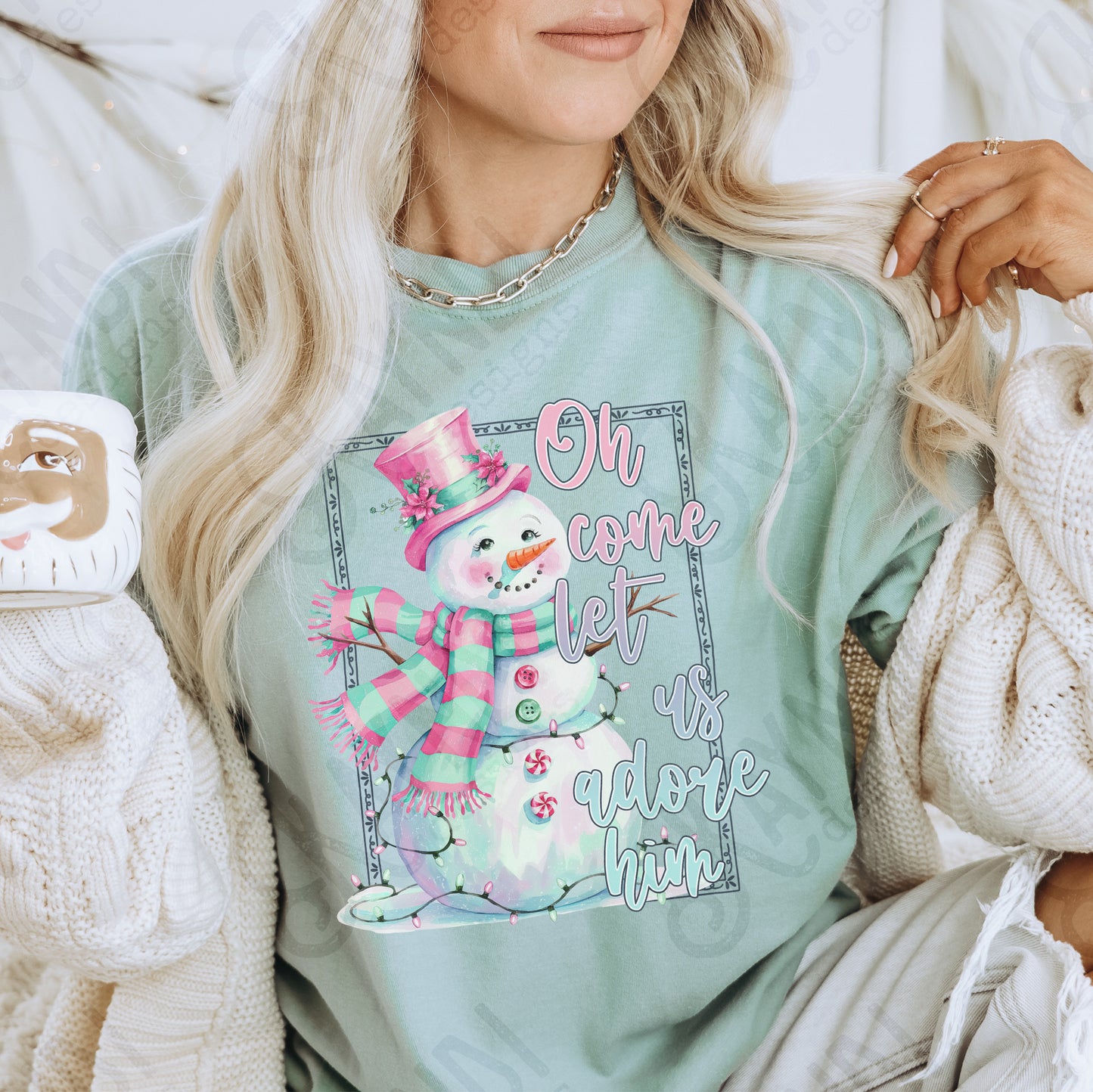Oh Come Let Us Adore Him Snowman Sublimation Design PNG Digital Download Printable Colorful Christmas Lights