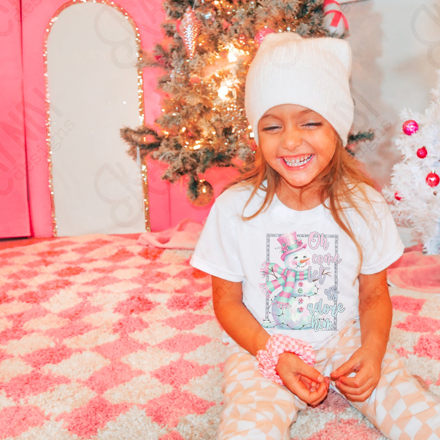 Oh Come Let Us Adore Him Snowman Sublimation Design PNG Digital Download Printable Colorful Christmas Lights