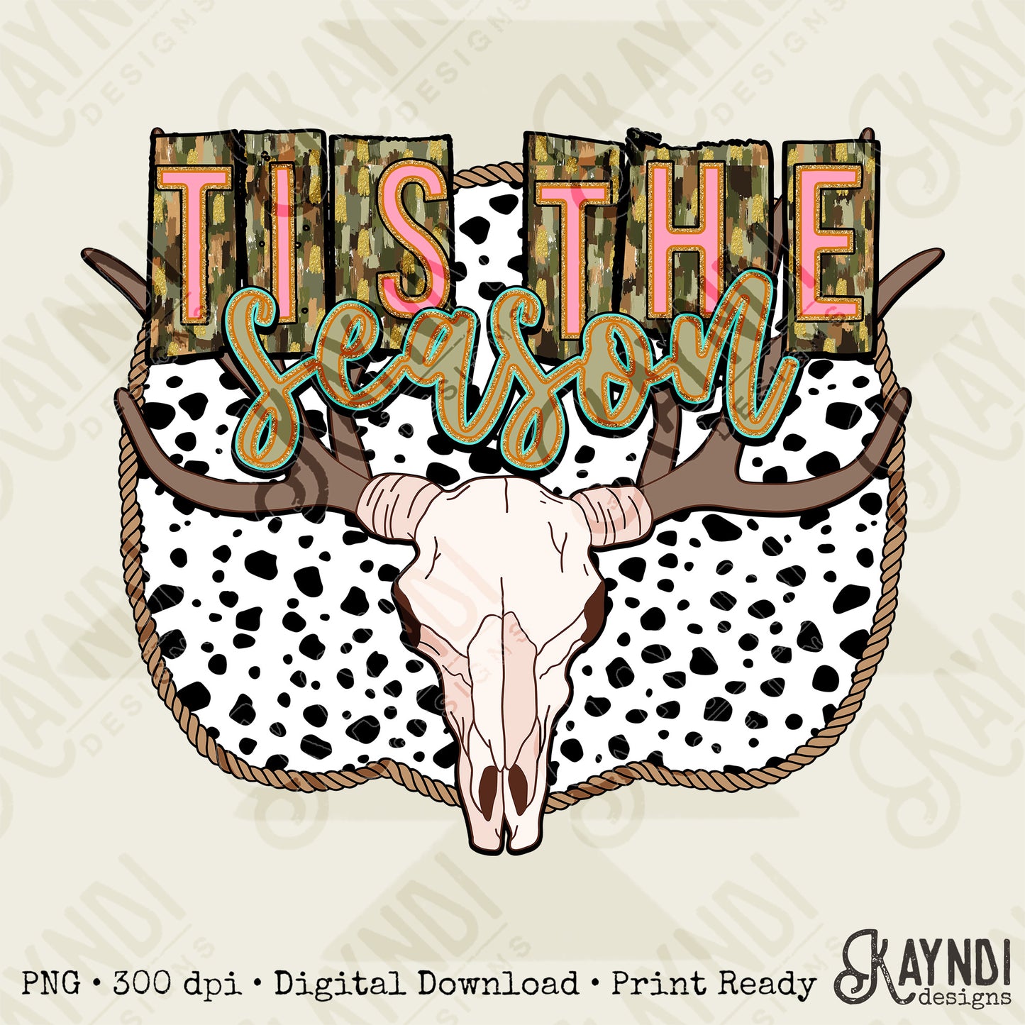 Tis the Season Sublimation Design PNG Digital Download Printable Steer Skull Western