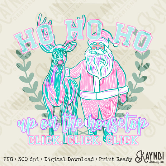 Up on the Housetop Sublimation Design PNG Digital Download Printable Pastel Pink Santa Reindeer