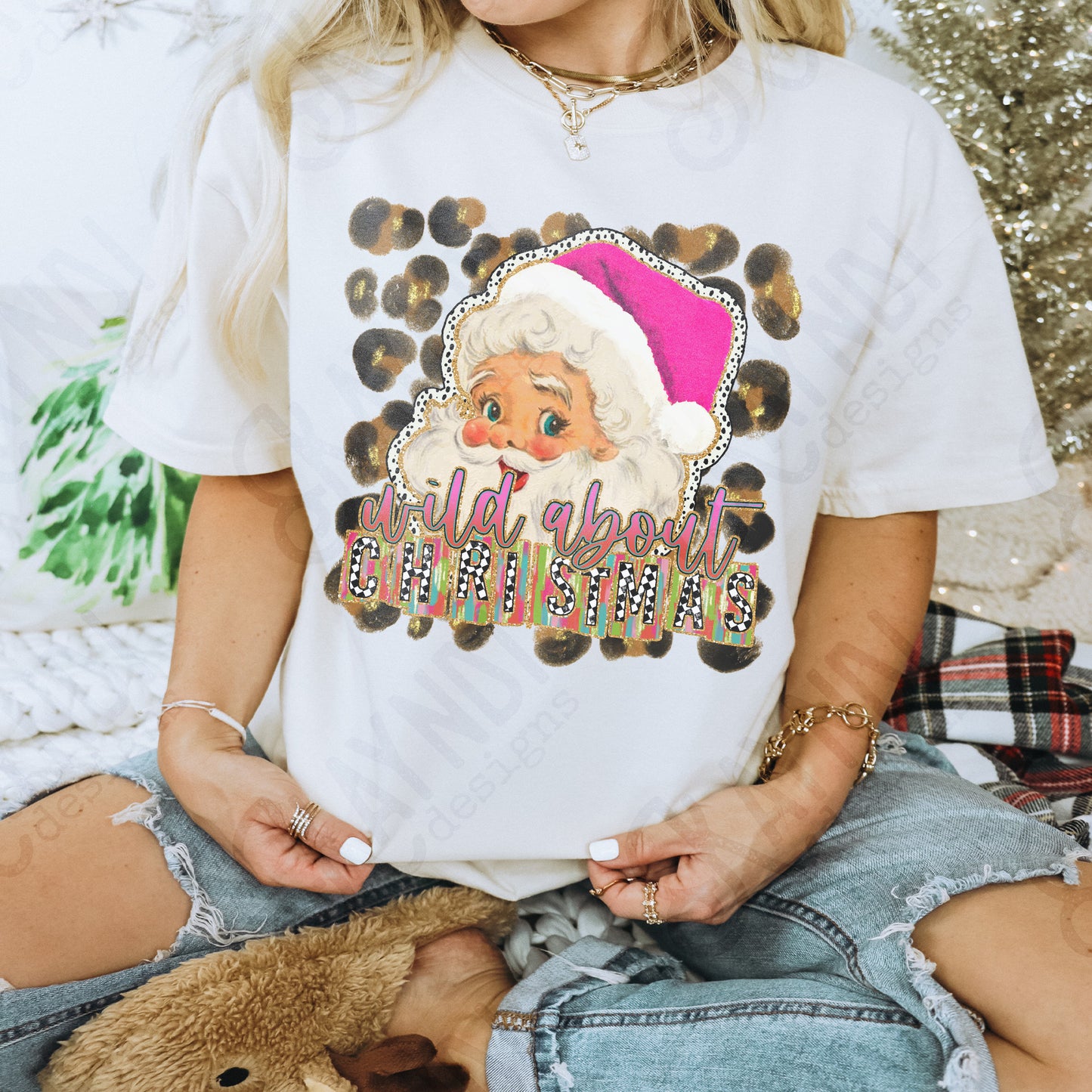 Wild About Christmas Sublimation Design PNG Digital Download Printable Christmas Pink Colorful Cheetah