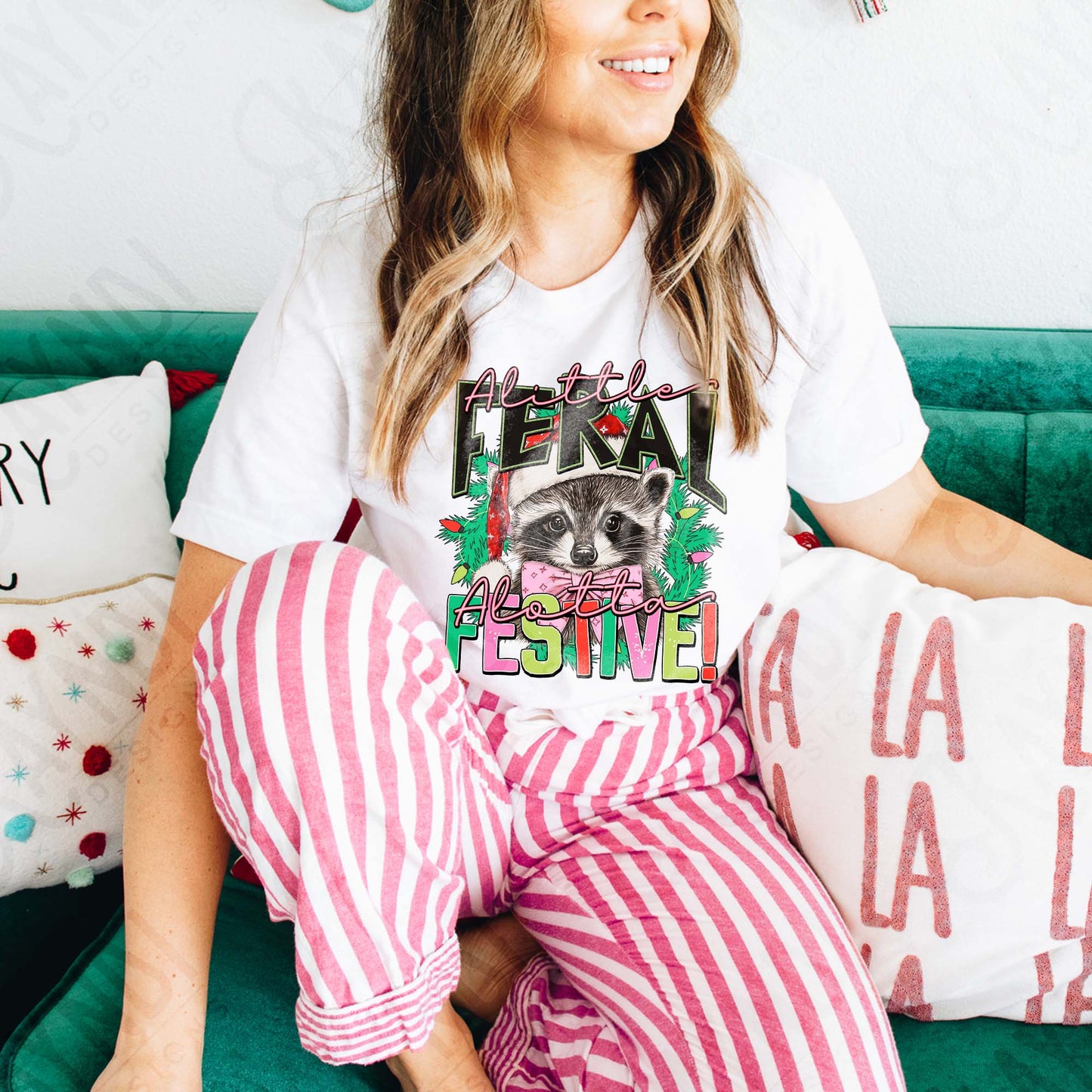 A Little Feral A Lotta Festive Sublimation Design PNG Digital Download Raccoon Christmas Lights