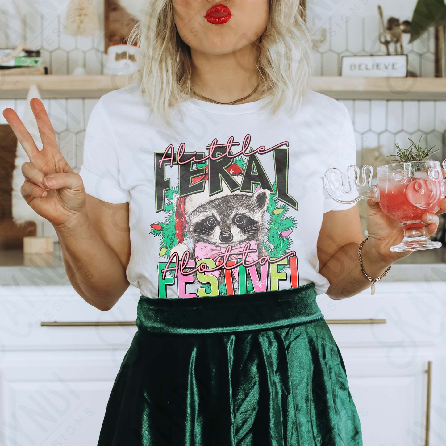 A Little Feral A Lotta Festive Sublimation Design PNG Digital Download Raccoon Christmas Lights