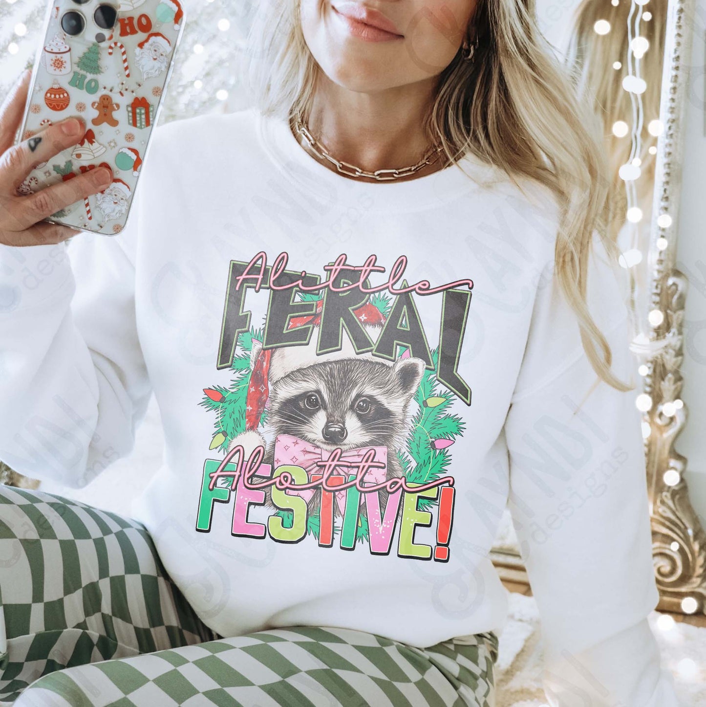 A Little Feral A Lotta Festive Sublimation Design PNG Digital Download Raccoon Christmas Lights