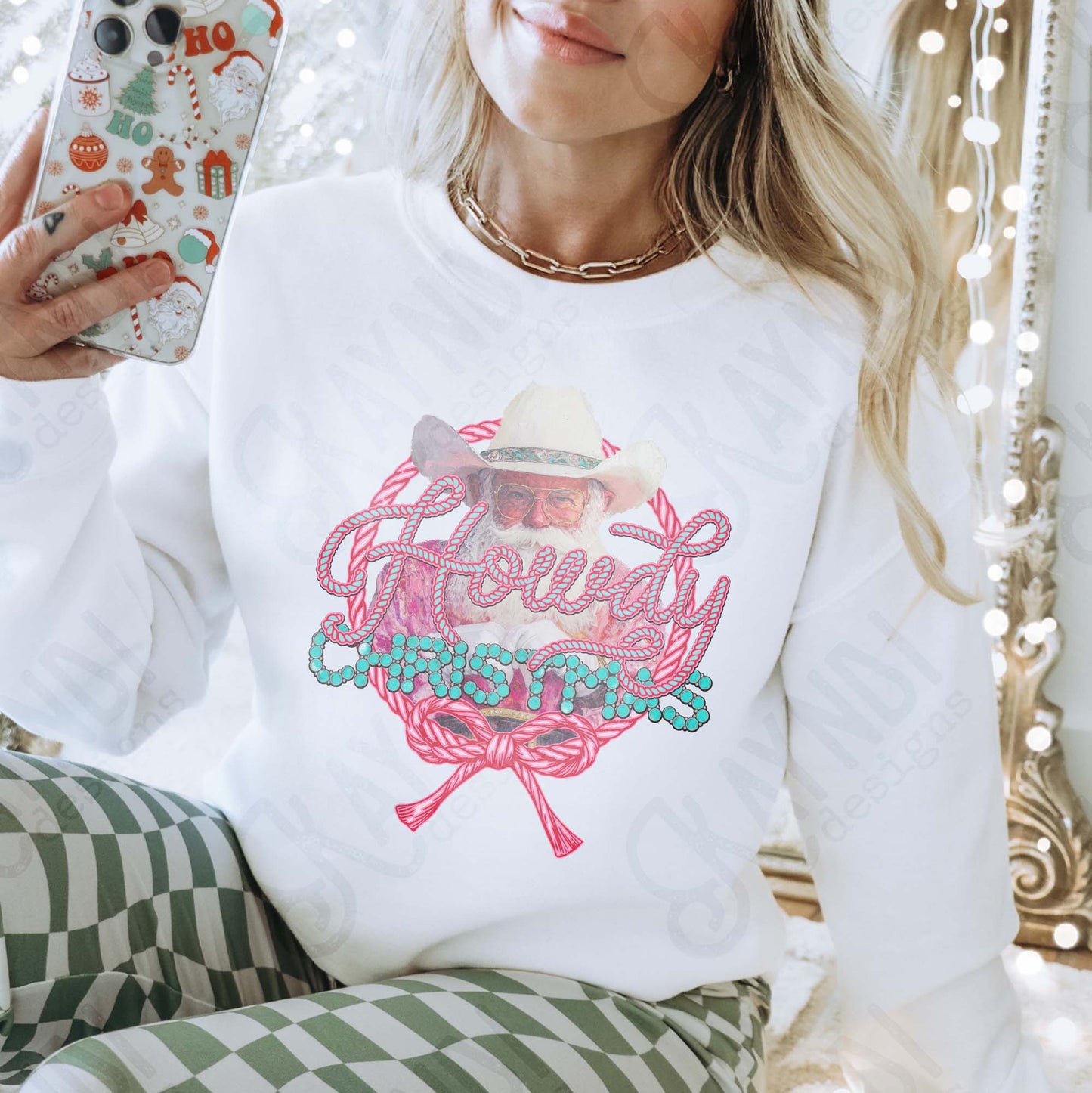 Howdy Christmas Sublimation Design PNG Digital Download Pink Western Cowboy Santa