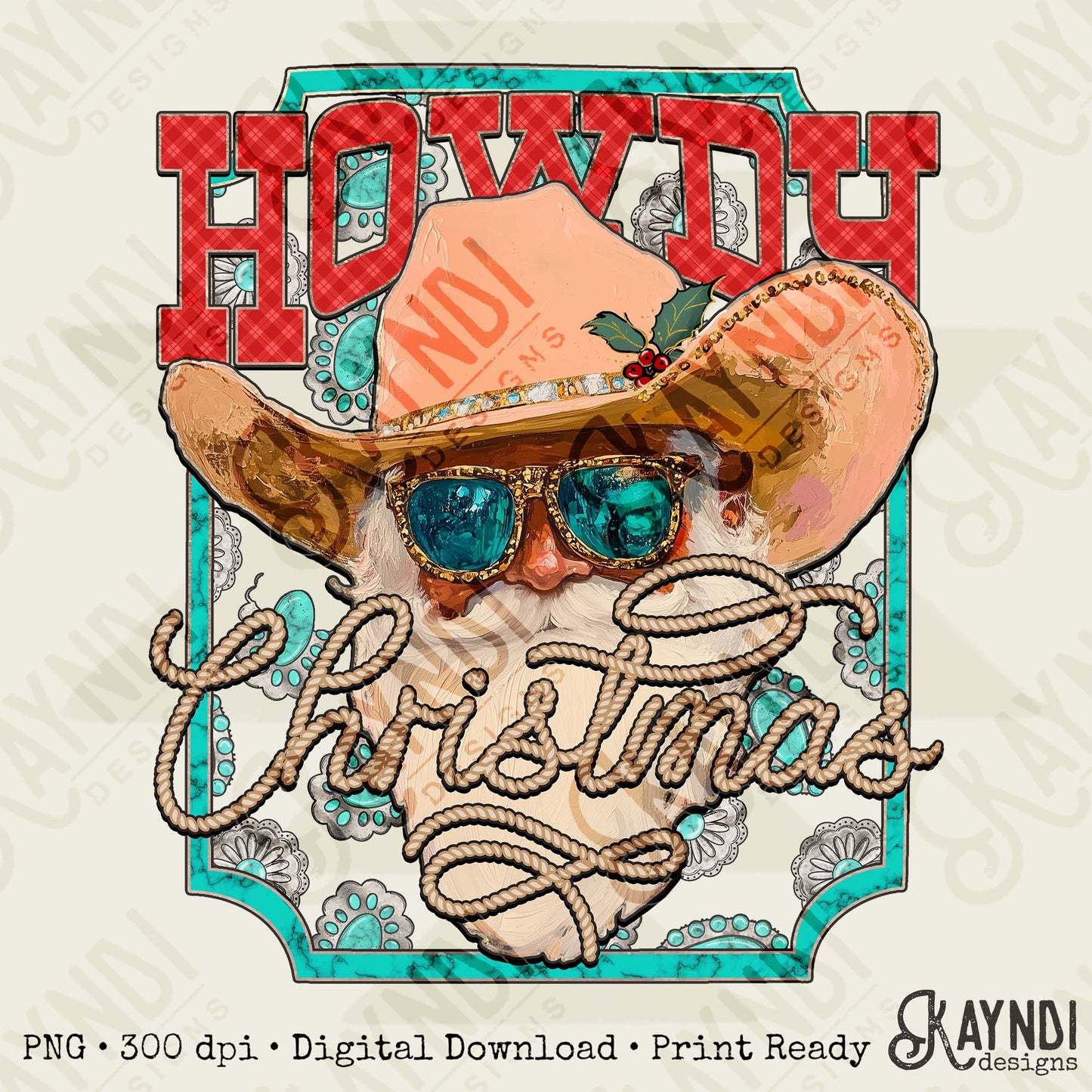 Howdy Christmas Sublimation Design PNG Digital Download Cowboy Santa Western Turquoise