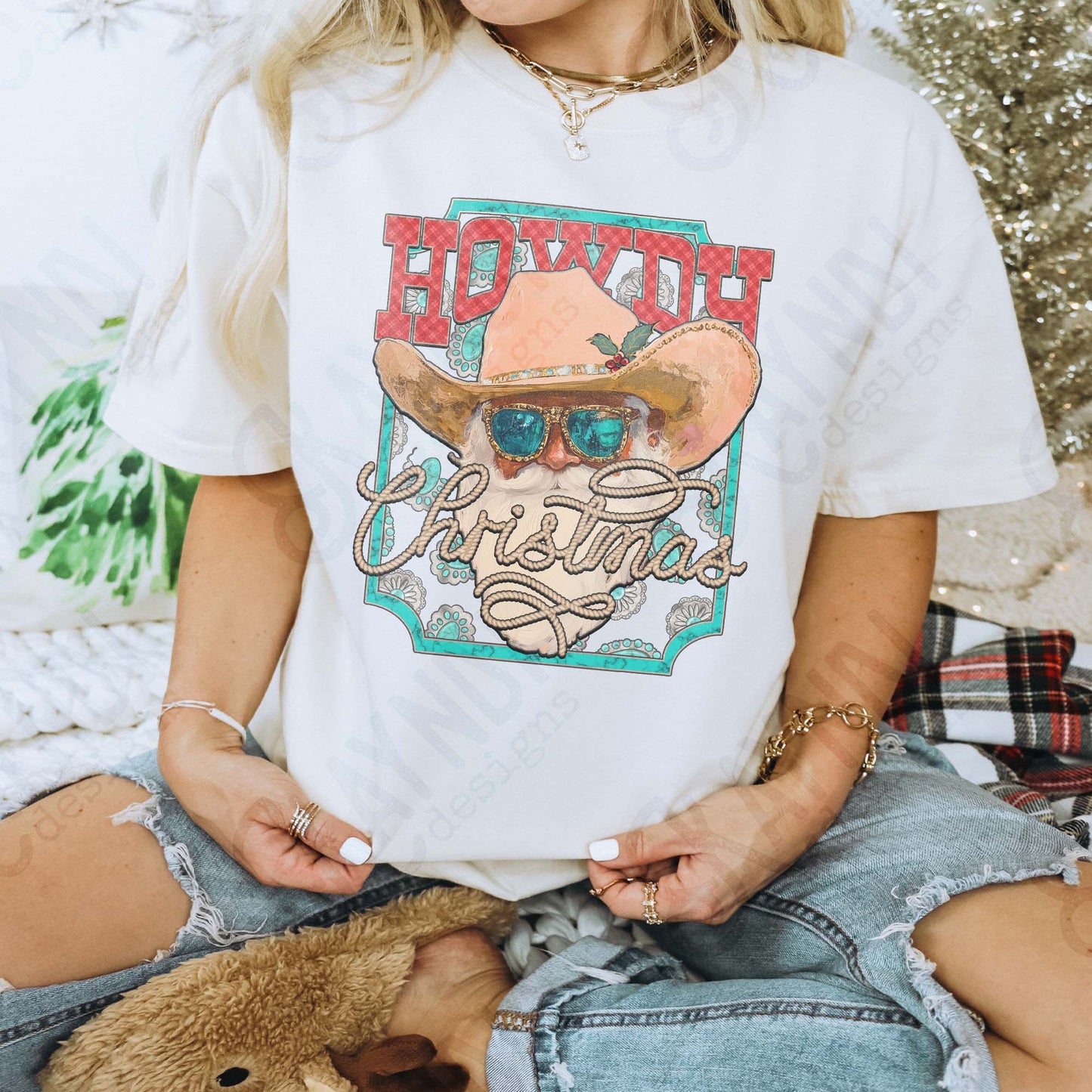 Howdy Christmas Sublimation Design PNG Digital Download Cowboy Santa Western Turquoise