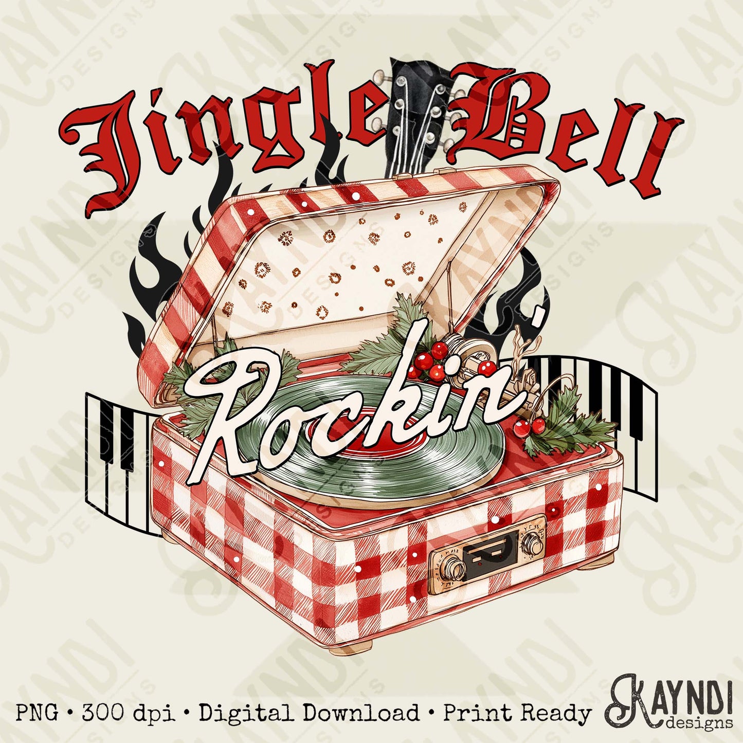 Jingle Bell Rockin Sublimation Design PNG Digital Download Christmas Record Player Music