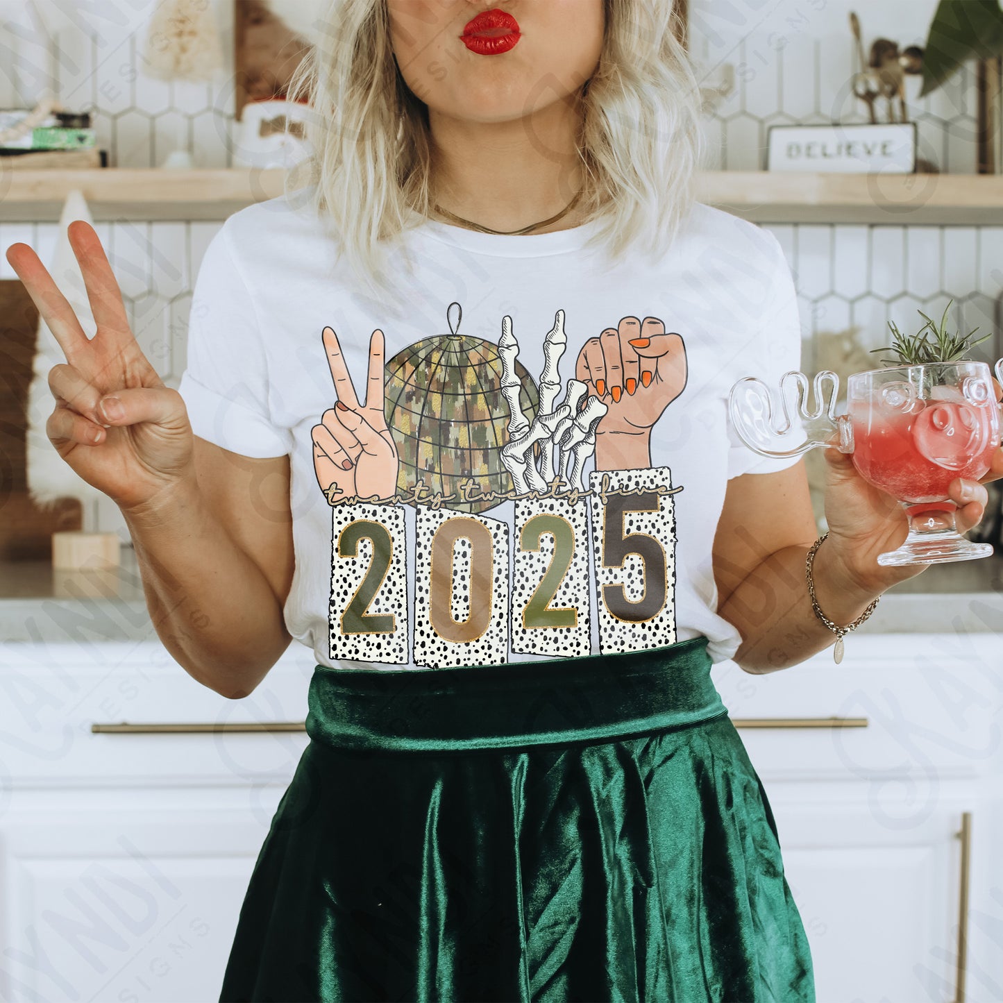 2025 Green Sublimation Design PNG Digital Download Printable Peace Skeleton Disco