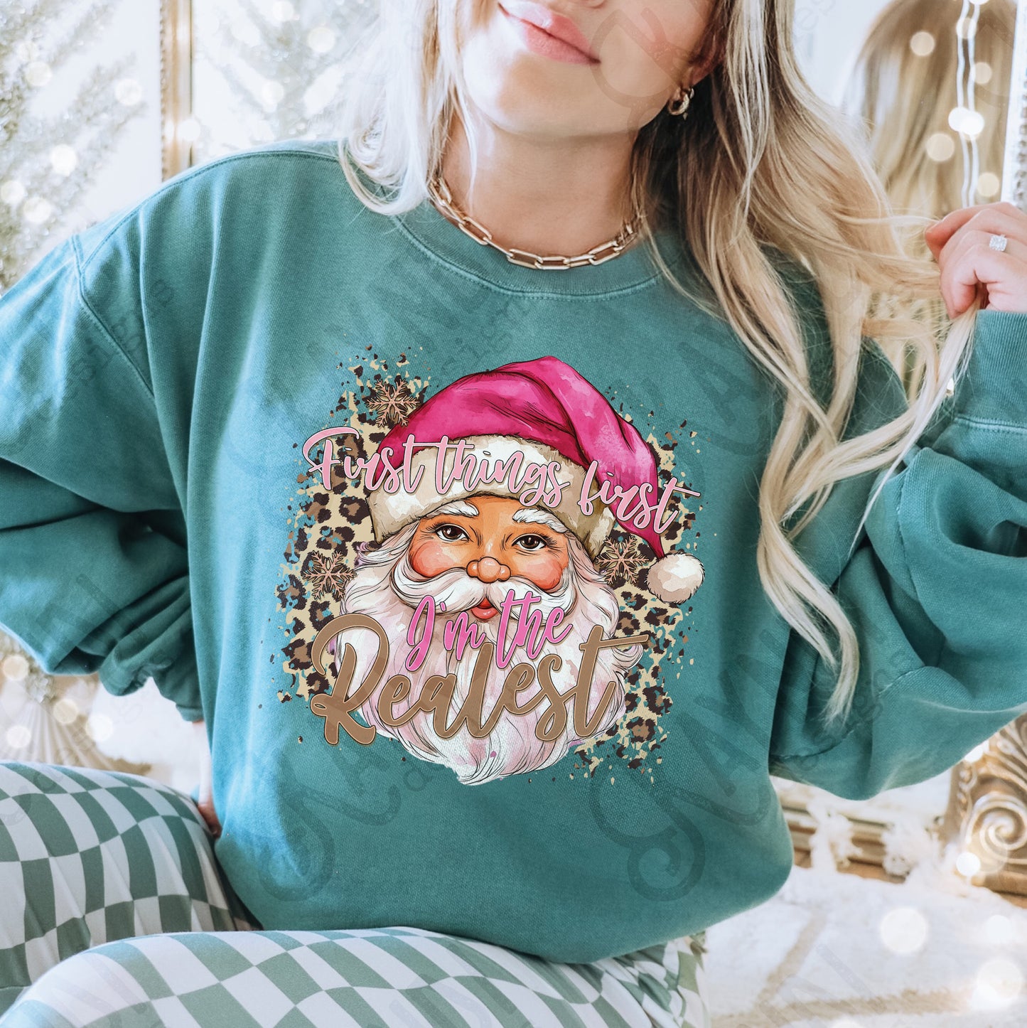 First Things First Santa Sublimation Design PNG Digital Download Printable Christmas Cheetah Pink