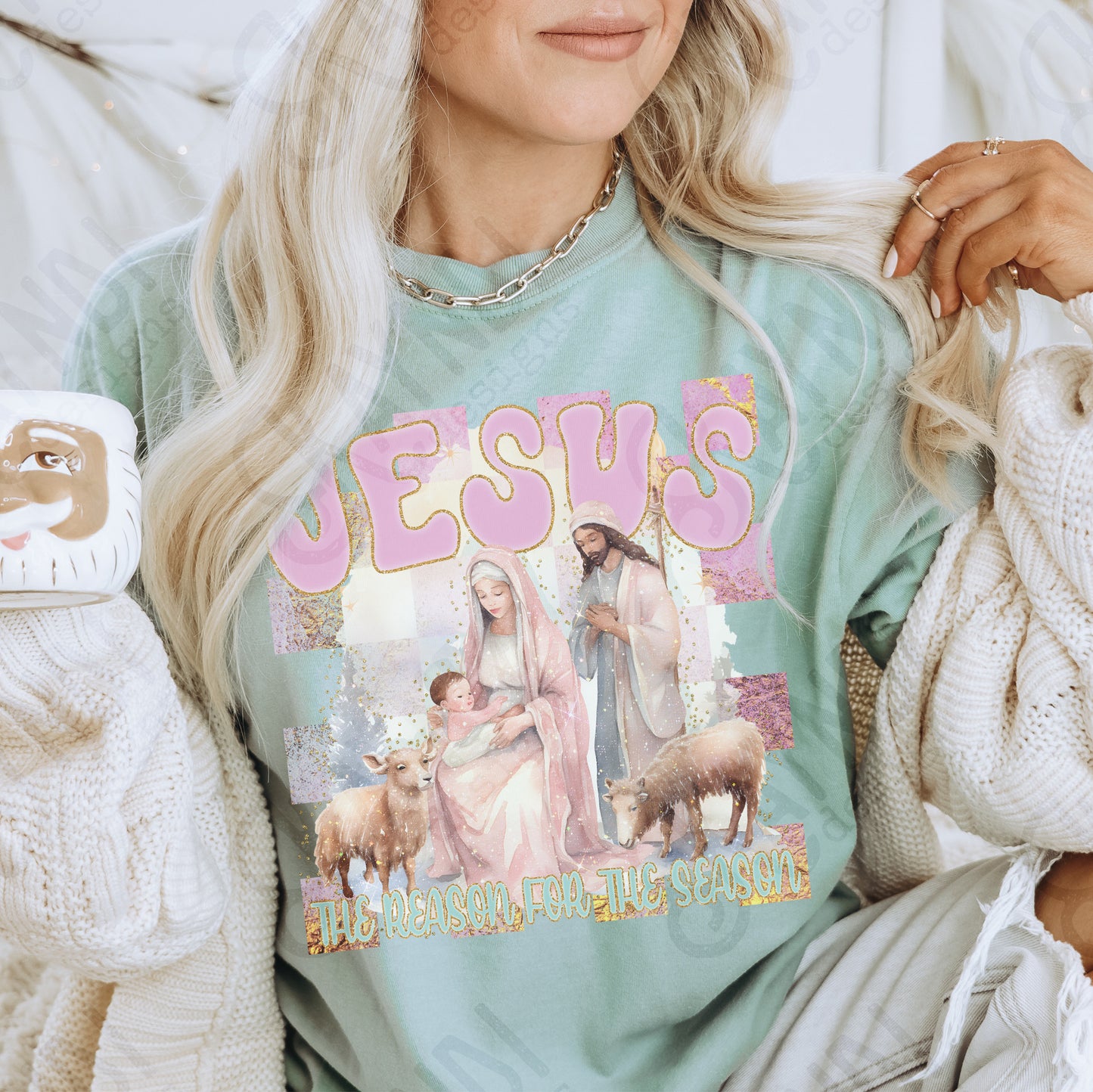 Jesus the Reason for the Season Sublimation Design PNG Digital Download Printable Christmas Checkered Faith Christian