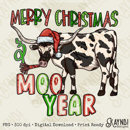 Moo Year Black Sublimation Design PNG Digital Download Printable Christmas Western Fun New Years