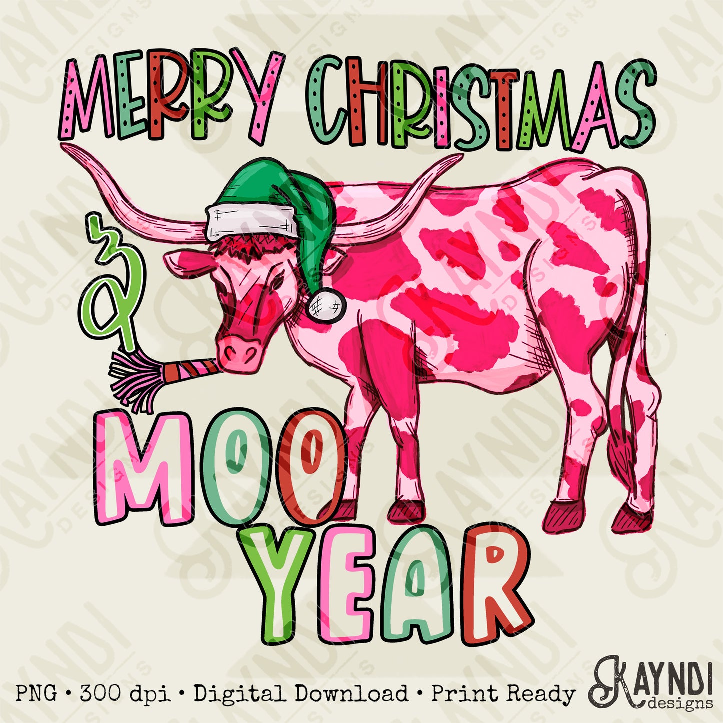Moo Year Pink Sublimation Design PNG Digital Download Printable Christmas Western Fun New Years