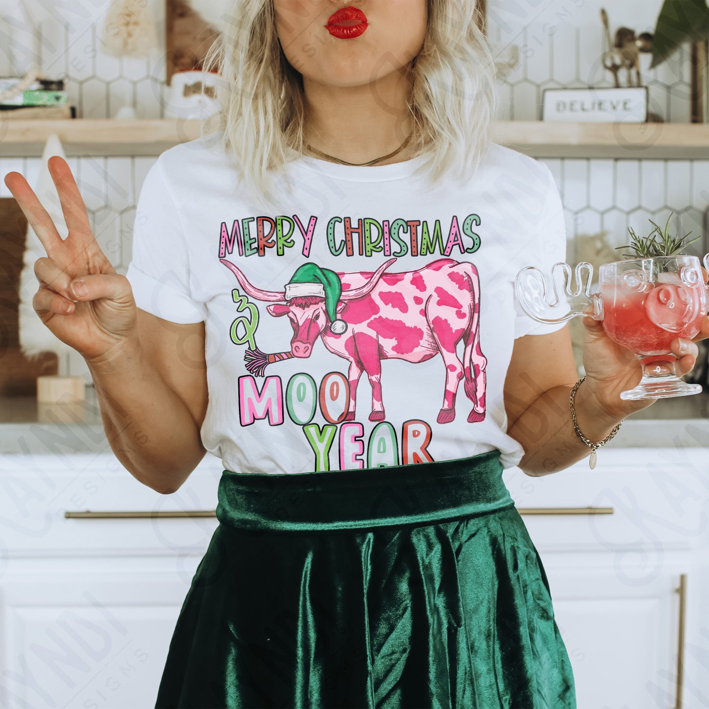 Moo Year Pink Sublimation Design PNG Digital Download Printable Christmas Western Fun New Years
