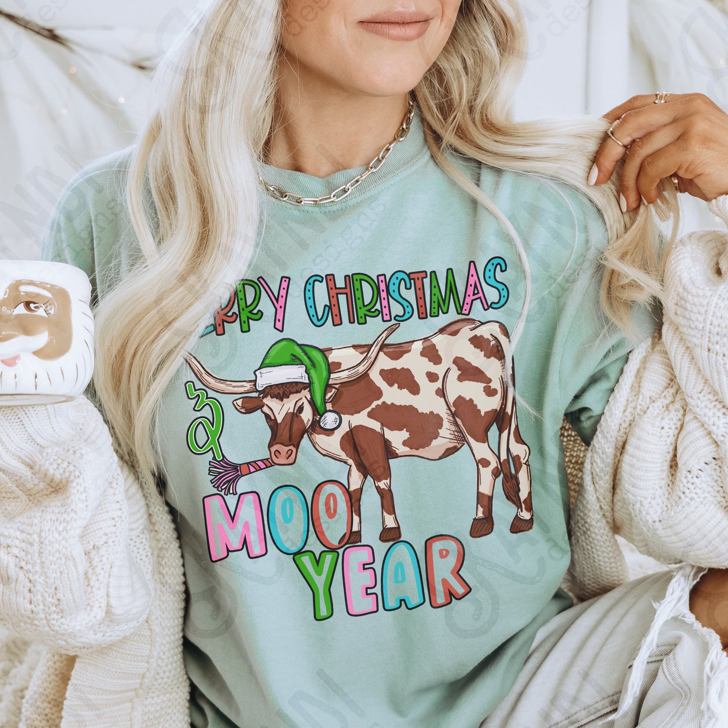 Moo Year Red Sublimation Design PNG Digital Download Printable Christmas Western Fun New Years
