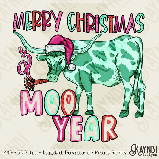Moo Year Teal Sublimation Design PNG Digital Download Printable Christmas Western Fun New Years