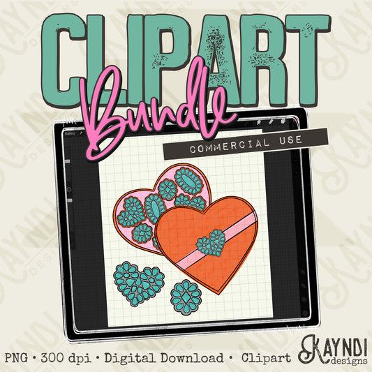 Hand Drawn Concho Heart Box Clipart Element PNG Digital Downloads Elements Valentines Heart Turquoise Commercial Use