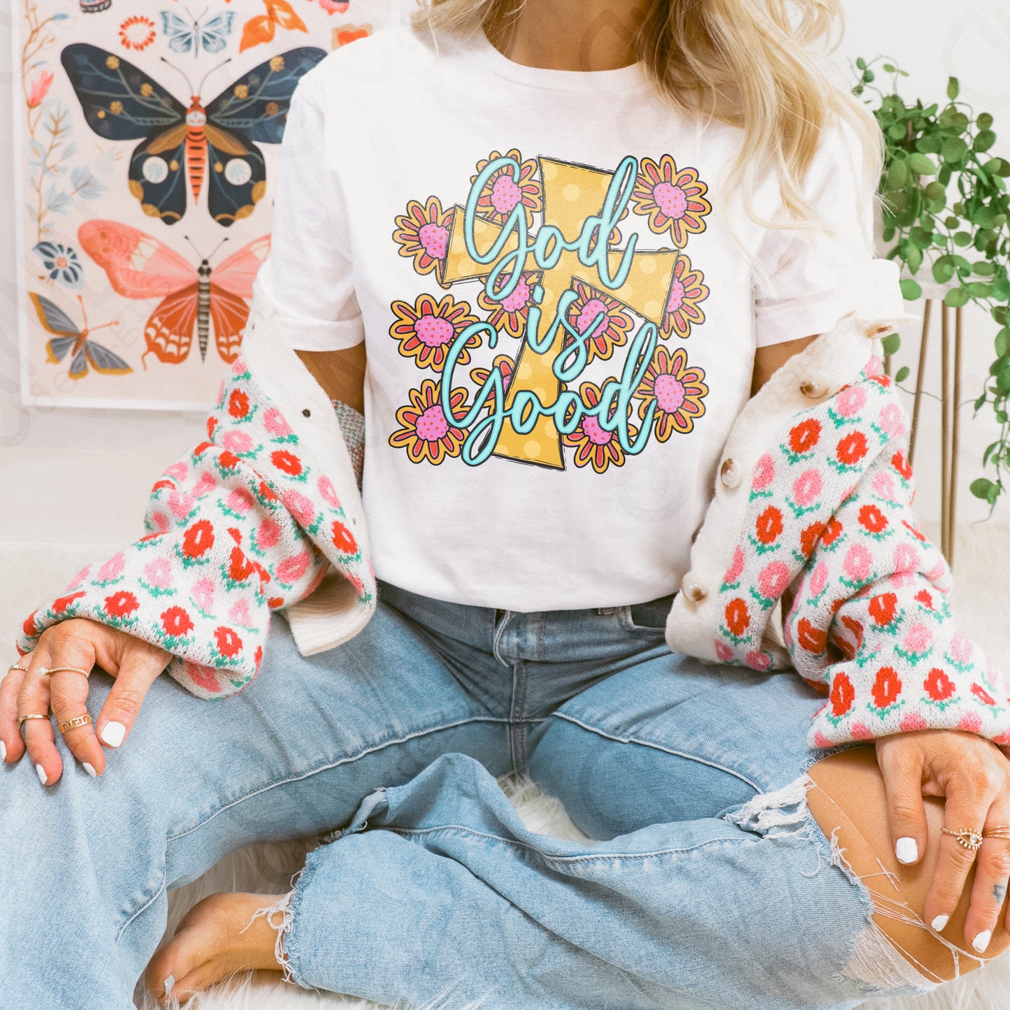 God is Good Sublimation Design PNG Digital Download Printable Spring Flowers Cross