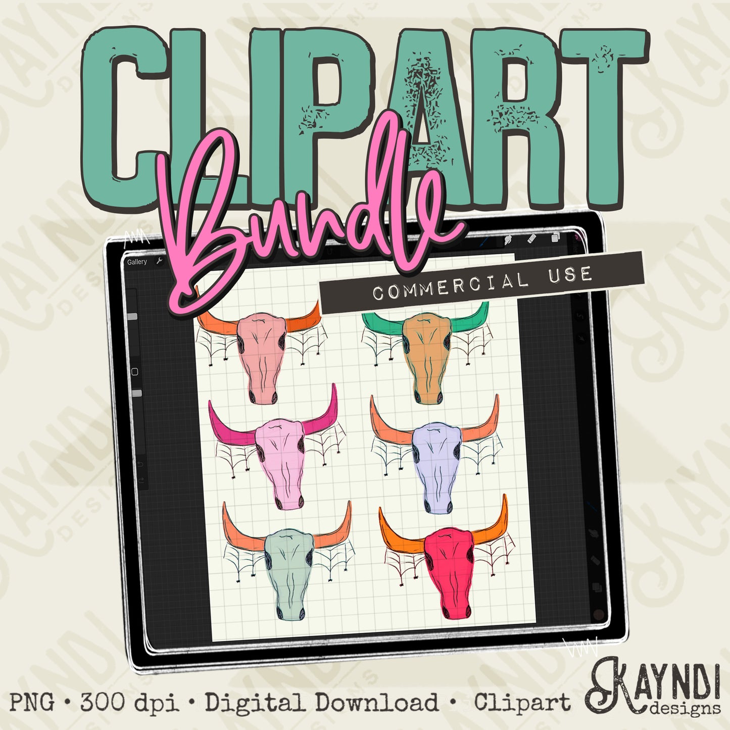 Hand Drawn Creepy Halloween Steer Skull Clipart Element PNG Digital Downloads Elements Spiderweb Commercial Use