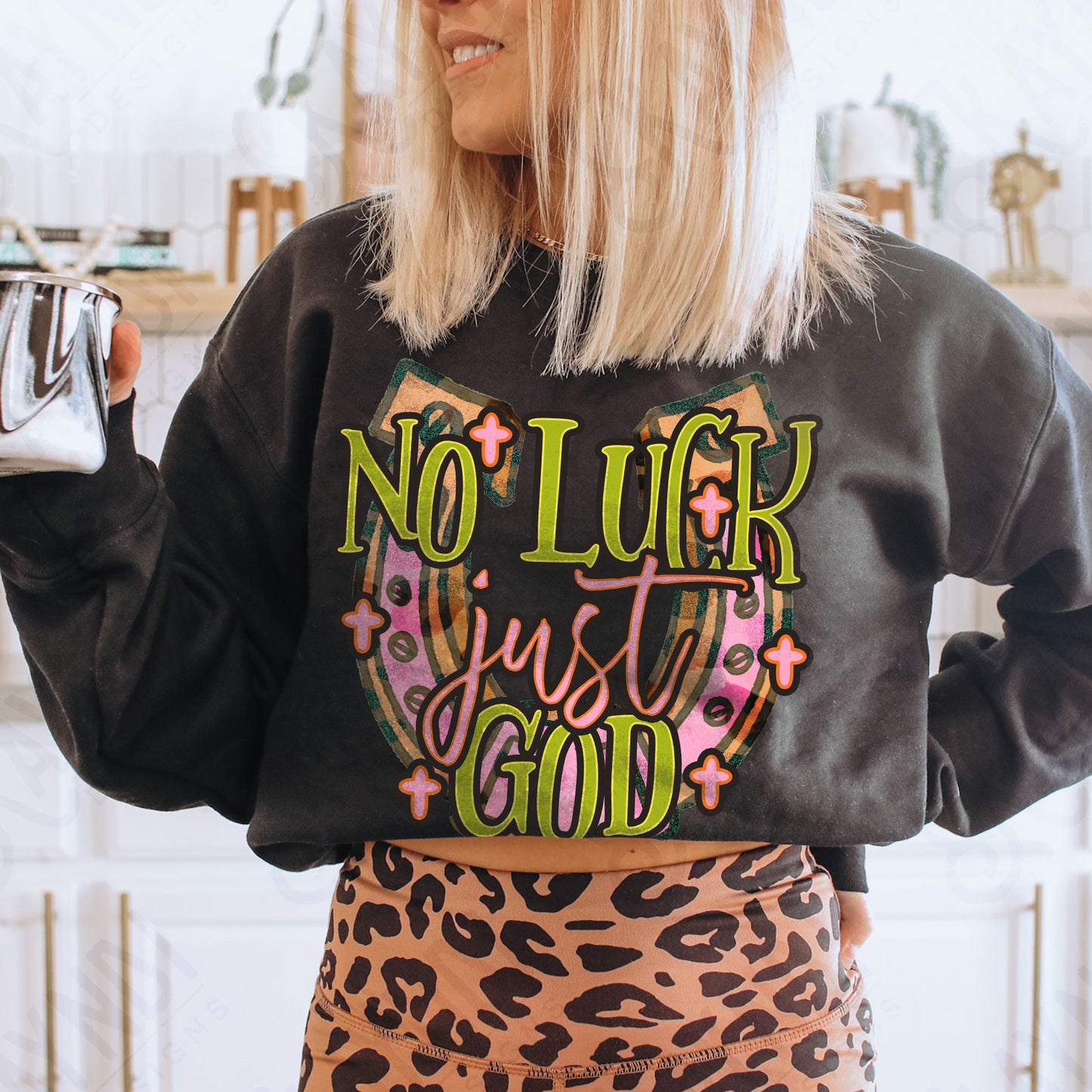 No Luck just God Fierce Faith Collab Design Sublimation Design PNG Digital Download Printable Cute Pink Leopard Horseshoe St Patricks Day Lucky