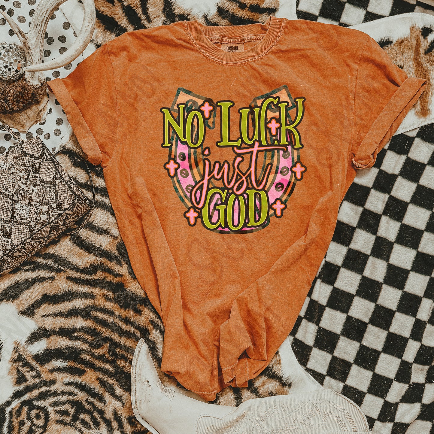 No Luck just God Fierce Faith Collab Design Sublimation Design PNG Digital Download Printable Cute Pink Leopard Horseshoe St Patricks Day Lucky